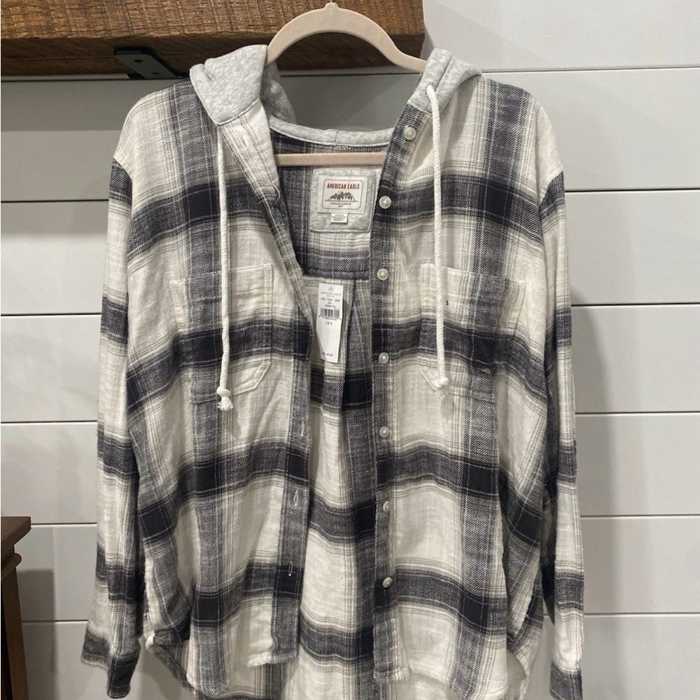 American Eagle Women's Oversized Grey and Black Hooded Flannel  Size Small NWTs